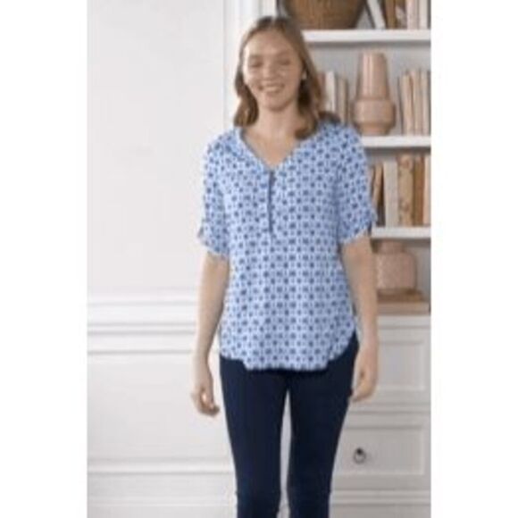 Susan Graver Womens 3X Printed Liquid Knit Short Sleeve Half-Zip Top Blue NWT - Picture 1 of 4